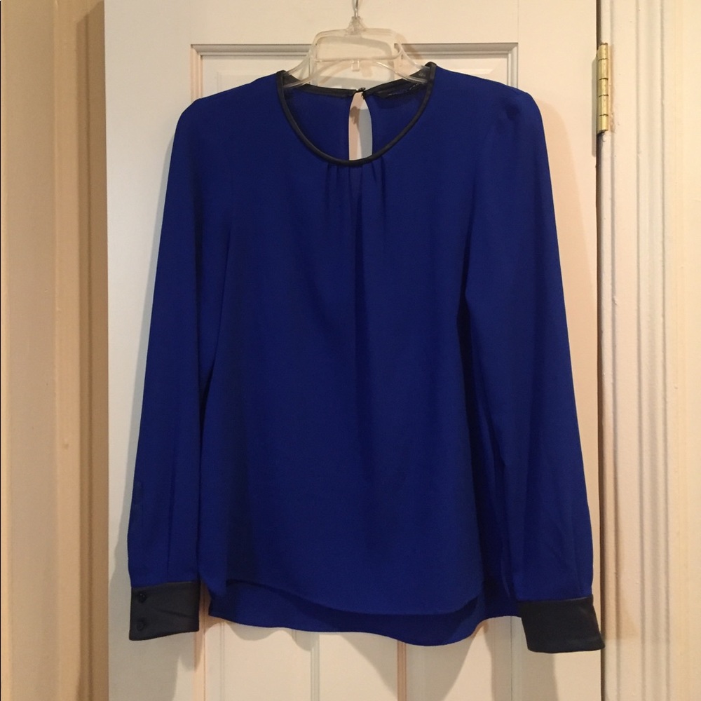 L/S High Neck Blouse with Faux Leather Trim